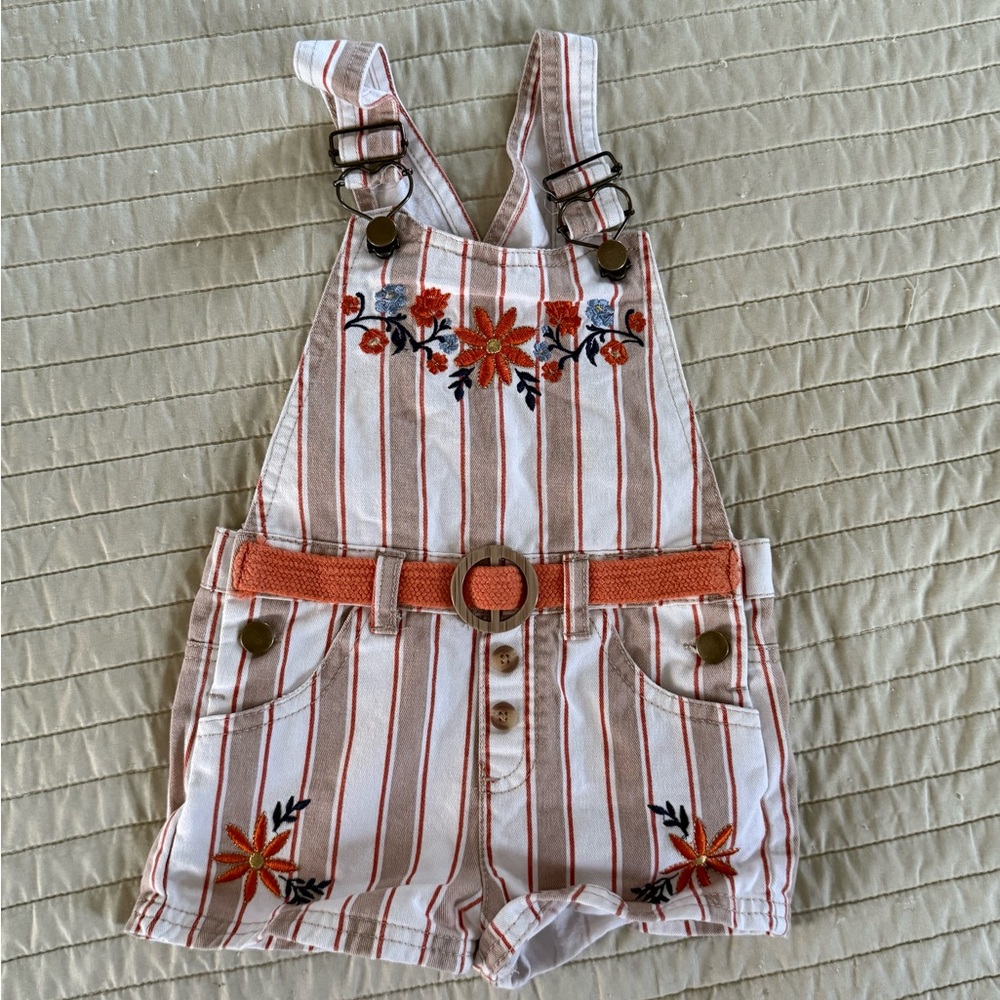 Striped Floral Embroidered Kids Overalls
